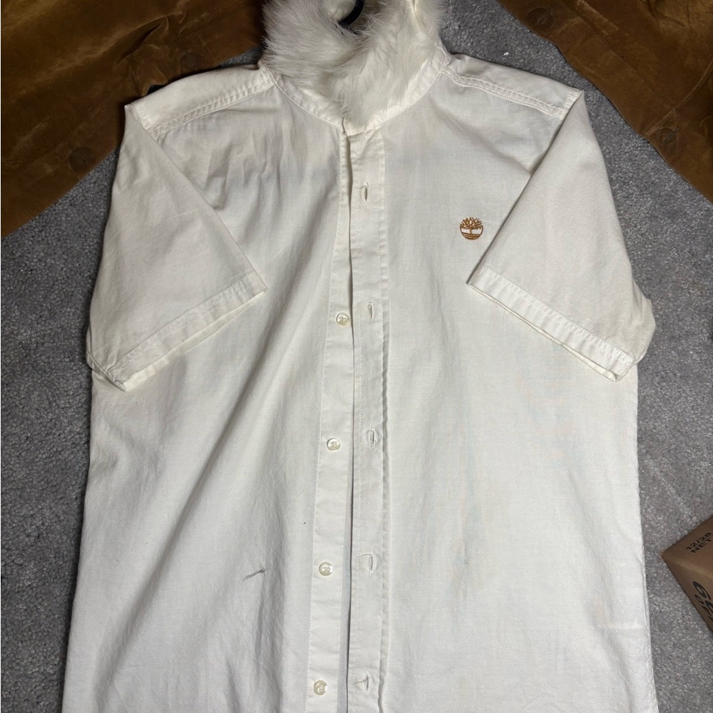 Custom Timberland Men's Cream Button Down Shirt with faux fur lined collar.
